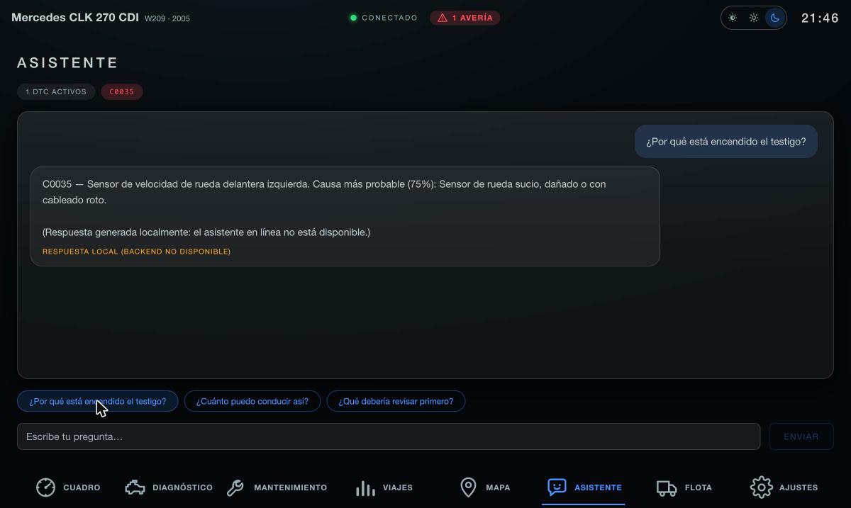 Pantalla del asistente con preguntas sugeridas y una respuesta sobre el código activo.